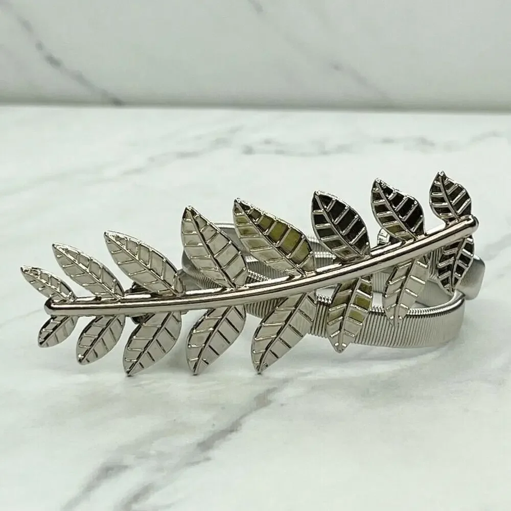 Silver Tone Leaf Leaves Buckle Coil Stretch Belt Youth Kids One Size OS